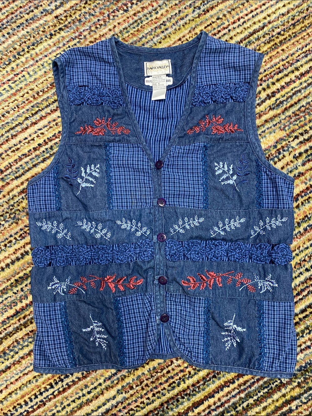 Vtg Women's Blue Embroidered Patchwork Vest